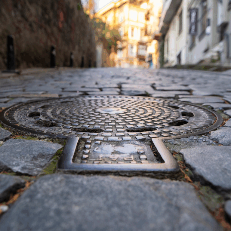 Kloakdæksel der dækker adgang til kloaksystemet før TV-inspektion udføres.